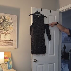 Divided Black One Shoulder Dress with White Dots